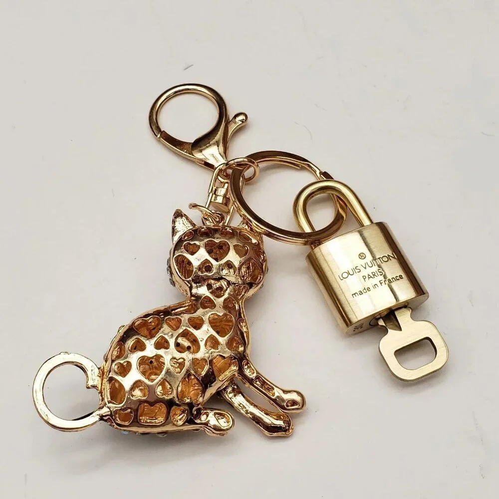 LV Gold Padlock 🔑 Authentic Louis Vuitton Charm + Unbranded Cat Keychain